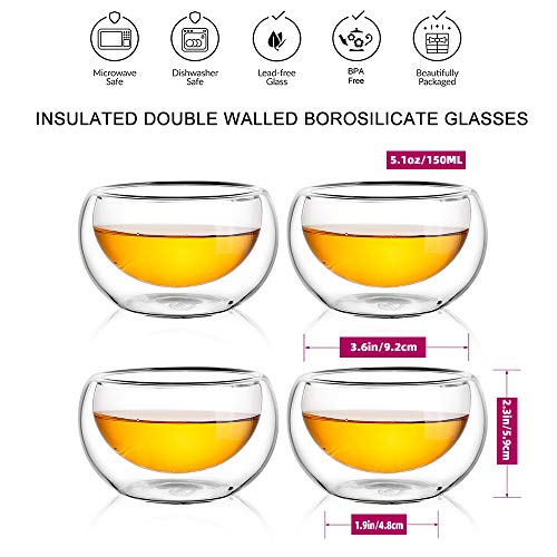 CNGLASS Tea Cups Set of 4 Double Wall Glass Tea Cup, 5.1oz Asian