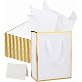 UoeRing 25 Pack Thank You Gift Bags with Handles 9.5x7.5x3.75 inch Gift Bags Medium Size Gift Bag with Tissue Paper and Card for Wedding Birthday Bridesmaid Holidays Mother's Day (White Gold)