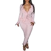 Ophestin Women Mesh 2 Piece Outfits Sexy See Through Crop Tops Bodycon Pants Cocktail Party Club Jumpsuit Set
