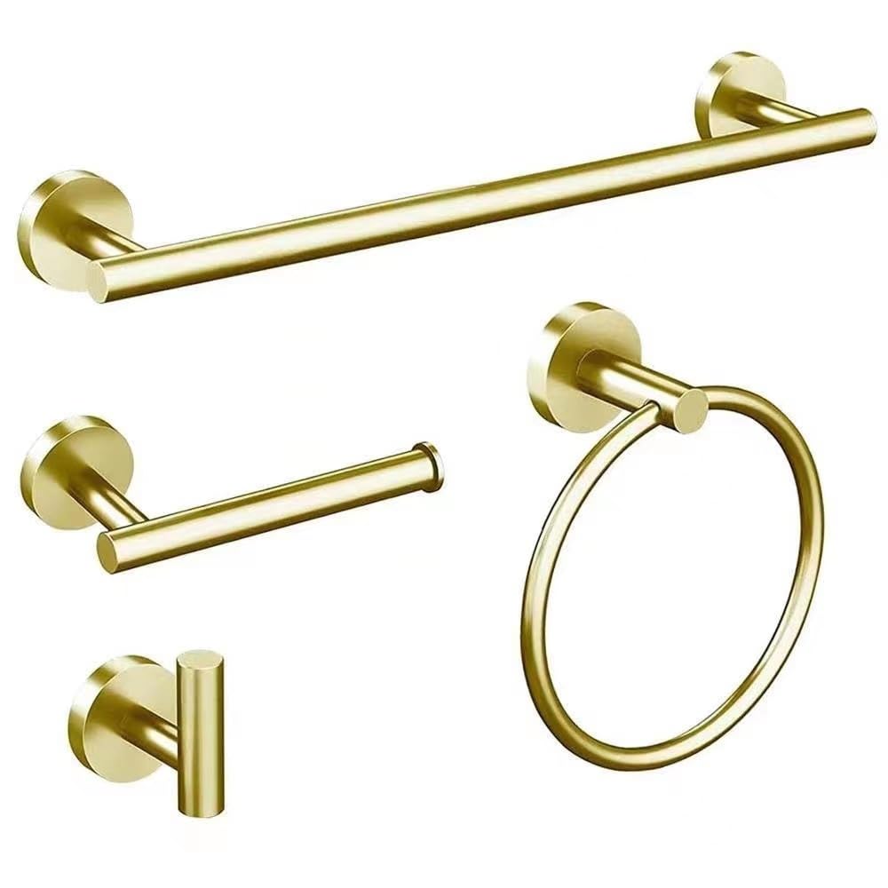 4 Pieces Bathroom Kit Accessories Restroom 24Inch Towel Bar Towel Ring Holder Toilet Paper Holder and Hook Set SUS 304 Stainless Steel Bathroom Hardware Set (Brushed Gold)