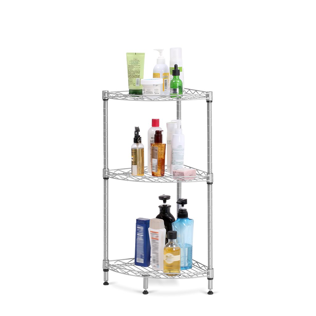 Langria 11.8x11.8x34.6 Inch 3 Tier Wire Mesh Corner Shelf Silver