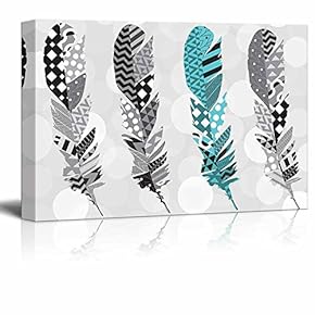 Teal Zentangle Feather with Gray Zentangle Feathers on a Silver Colored Bokeh Background - Canvas Art Home Art - 12x18 inches