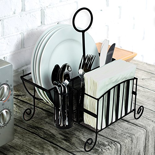 Black Metal Mesh Kitchen/Picnic Buffet Caddy Holder for Utensil, Plates, Napkins with Handle