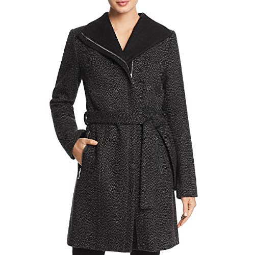 T Tahari Women's Asymmetrical Zip up Closure Wool Coat, Black Combo Tweed, L