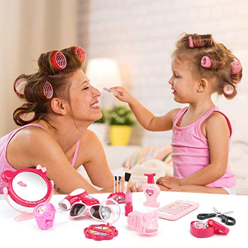 Cocojeci Girls Pretend Play Makeup Kit, Beauty Makeup Set for Kids Play Dress Up Cosmetic Toys with Makeup Brush, Hair Dryer, Mirror, Phone, Watch, Sunglasses, Ring, Scissor, 12PCS