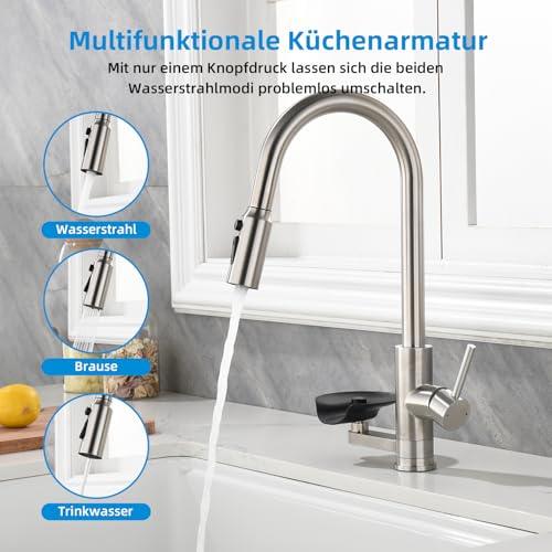 Mynaiad 3-Way Kitchen Tap with Removable Dual Outlet Water Filter, 360° Rotation, Kitchen Sink Tap, Kitchen Mixer, Brushed 304 Stainless Steel