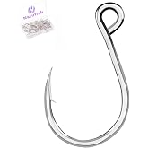 Natufish Inline Single Hooks 25Pcs for Treble Hook Replacement | Fishing Inline Hooks High Carbon Steel Large Eye Sharp Point Corrosion Resistant 8#-5/0# for Hard Lures Saltwater Freshwater