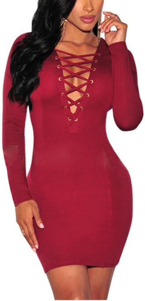 HLY World Women's Sexy Long Sleeve Cross V-Neck Clubwear Bodycon Bandage Dress