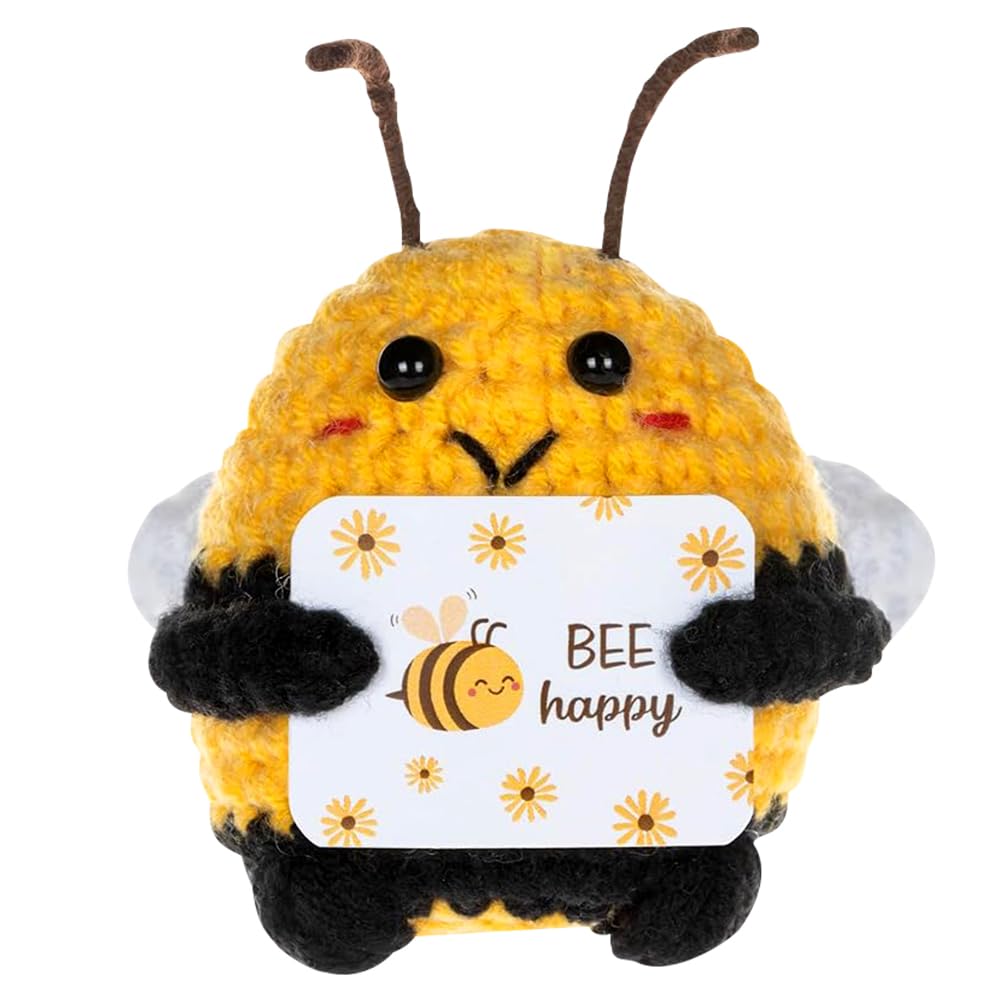 HAJXXMM Cute Mini Crochet Bee,Mini Funny Positive Bee Gifts,Emotional Support Mini Funny Knitted Bee Doll,with Positive Card Gift for Friends Boys Girls