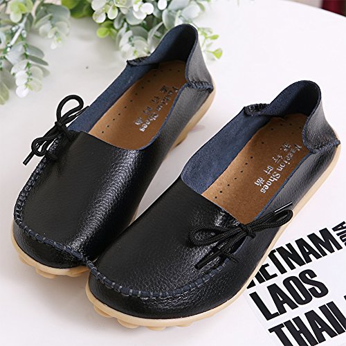 RT Group Women’s Leather Loafers Casual Shoes Moccasins Wild Breathable Flat Indoor Slip on Slippers (Size10, 1black) - Thumbnail 4