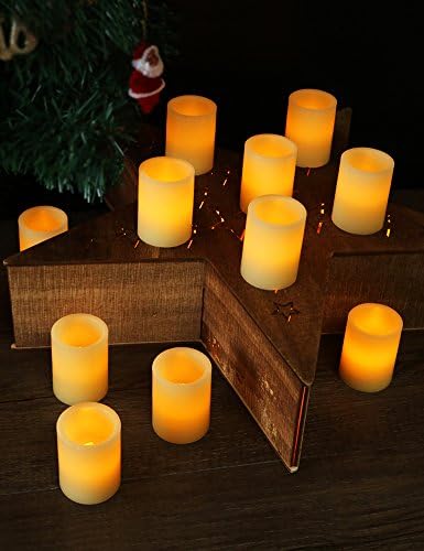 HOME MOST Set of 12 REAL WAX LED Flameless Votive Candles with Timer (Standard 1.5" W x 2" T, Ivory, Smooth Edge, Battery Included) - Flickering Candles Battery Operated - christmas lights for bedroom