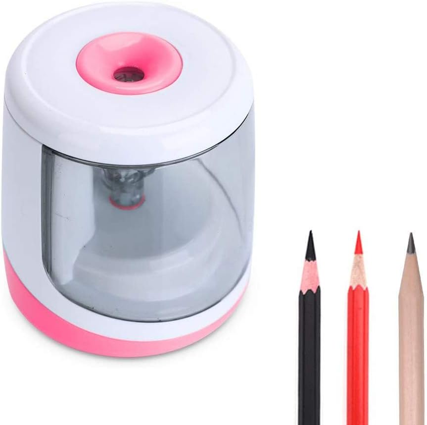 Tihoo Battery Operated Pencil Sharpener with Container, Portable Electric Sharpener for Kids, Desk Automatic Fast Sharpen for 6-8 mm Pencils, Colored Pencils, Lead Pencil, Pink