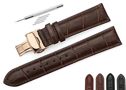 iStrap 20mm Calf Leather Watch Band Strap W/ Rose Gold Steel Push Button Deployment Buckle Brown