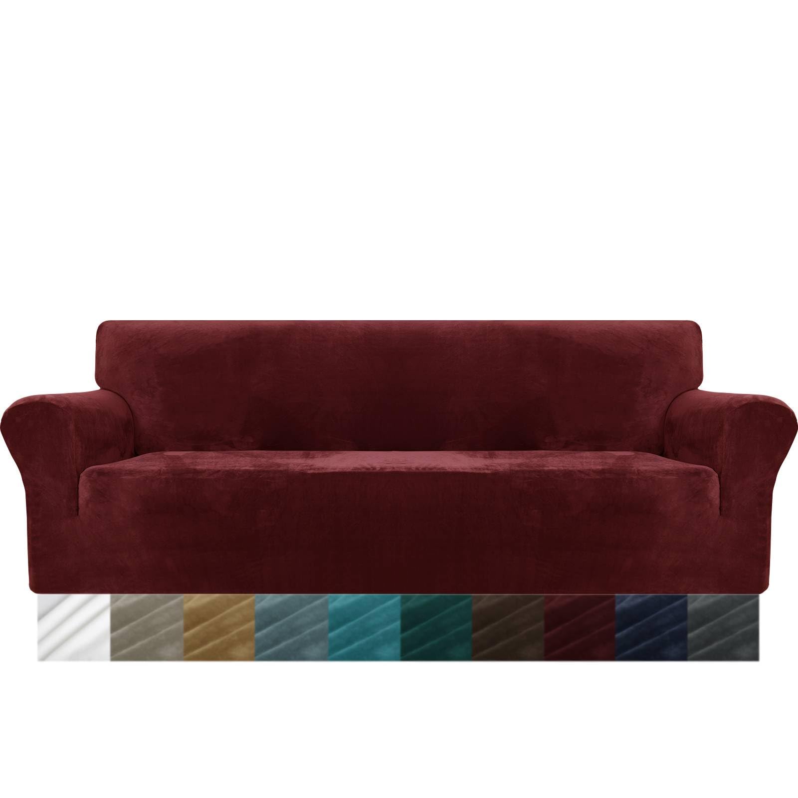 MAXIJIN Thick Velvet Extra Large Sofa Covers 4 Seater Super Stretch Oversized Couch Cover for Dogs Cat Pet 1-Piece XL Sofa Slipcover Elastic Furniture Protector (4 Seater, Wine Red)