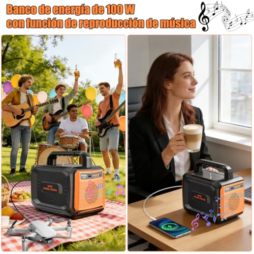 Banco de Energía Portátil con Iluminación LED y Reproductor de Música | Bateria de Emergencia para Casa, Cargador Multipuerto-3 DC, 1PD 2 USB y 1 AC, Estacion de Energia para Exteriores Campamento