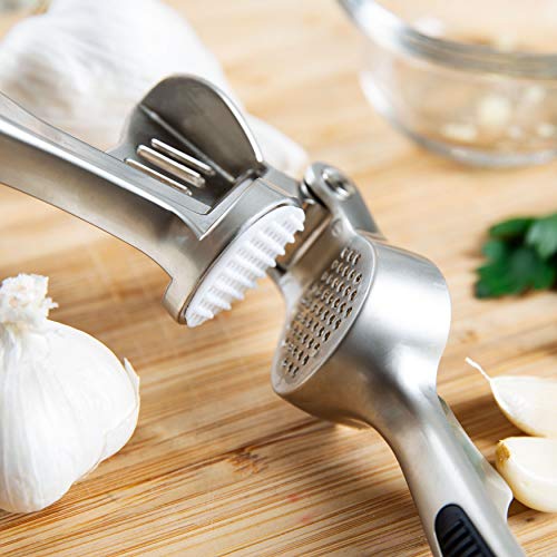 Homarden Garlic Press Mincer Tool - Handheld Garlic Crusher and Masher Kitchen Tool - Heavy Duty Garlic Smasher and Ginger Press - Self Cleaning Garlic Presser with Handle and Soft Rubber Comfort Grip