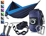 Double Camping Hammock- Best Lightweight & Portable Two Person Hammock Set –Aluminum Wiregate Carabiners, 2- 16 Loop Tree Straps & Compression Strap- Holds 500 LBS -Ideal for Travel -Dark Blue Middle