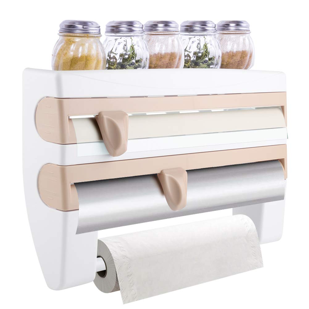 Wall Roll Holder, Wall Mounted Holder for Cling Film Cutting Dispenser For Foil and Kitchen Roll, Paper Roll Holder, Multifunctional Film Storage Rack Cling Film Cutter, 39 x 10 x 24 cm