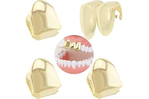 SIMPLE POLYMER 4-Piece 18K Gold-Plated Hip Hop Teeth Grillz - Fake Teeth, Single Teeth Grillz, Caps & Top Grill