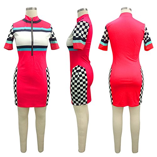 Kafiloe Women Casual Polo Neck Short Sleeve Front Zipper Bodycon Pencil Midi Dress Sexy Party Clubwear Red S
