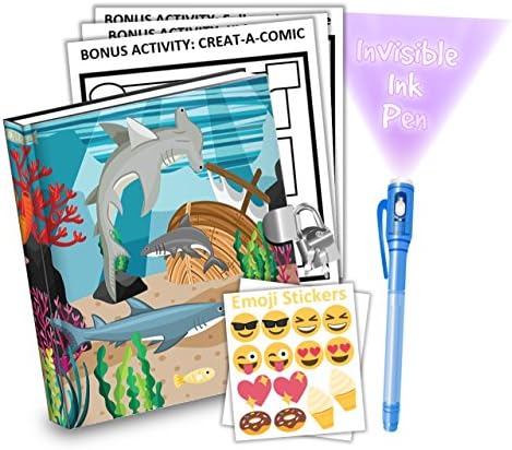Shark Kids Diary With Lock Includes 6.5 Inch Diary, Invisible Ink Pen, Stickers, &amp; Bonus Activity Pages