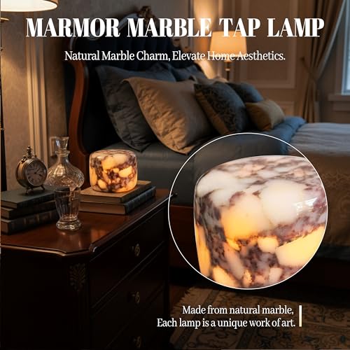 Marmor Marble Lamp Table Lamp Unique Stone Touch Lamp Pat Lamp Type-C 3 Way Bedside Lamp Ambient Light Bedroom Stands Night Light Decorative LED Warm Portable Lamp Rechargeable(Calacatta Purple)