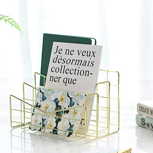 Simmer Stone 3 Slot Letter Holder, Multifunctional Desk Wire Letter Sorter, Decorative File Storage Organizer for Postcard, Mail, Brochure and Notebook, Gold
