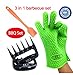 Bright Dezigns Heat Proof Gloves for Cooking Grilling, Oven, BBQ. with Extra Sharp Bear Claws for Shredding Meats & Silicone Basting Brush 3 Piece Set Gift Boxed.