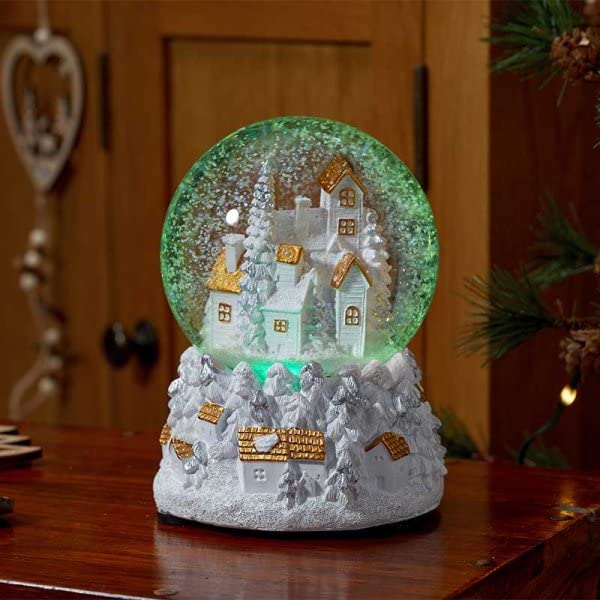 Musical Christmas Village Auto Swirling Snow Globe 18cm Tall Plays a Medley of 8 Songs Colour Changing Pulsing LEDs