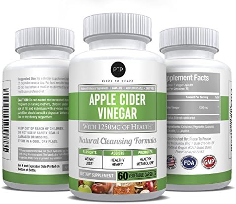 Natural Apple Cider Vinegar Capsules : 1250mg 60 Vegetable Supplement Pills – Weight Loss – Healthy Metabolism – Detox - Blood Pressure, Circulation & Diabetes Support - GMO & Dairy Free - Made In USA