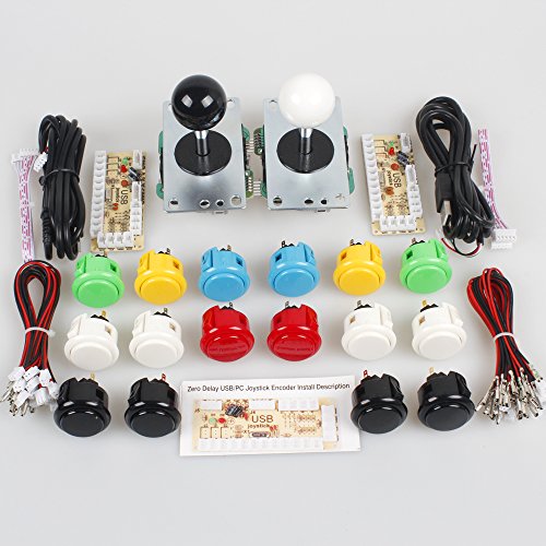 EG Starts Classic 2 Player Sanwa Arcade Video Games Kit DIY Bundle for PC Joystick & Raspberry Pi RetroPie DIY Projects & Mame Jamma Parts - White + Black Stick + 16x OBSF- 30 MIX Colors Buttons