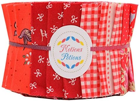 Notions Potions Quilt Jelly Roll 2.5x44" 6.4x112 cm. 27 Strip Shine Red Polka Dot Floral Rose
