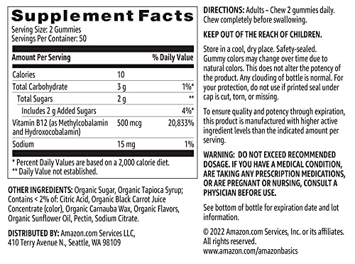 Amazon Brand - Solimo Vitamin B12 500mcg, 100 Gummies, 50-Day Supply