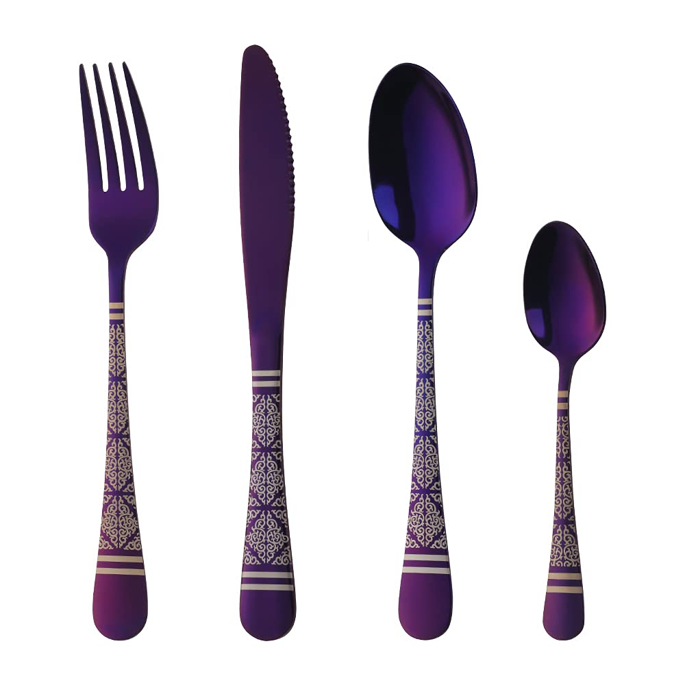 Cutlery Set, Buyer Star 16-Piece Stainless Steel Flatware Set, Laser Flower Pattern Tableware Silverware Set with Spoon Knife and Fork Set, Service for 4, Dishwasher Safe (Purple)