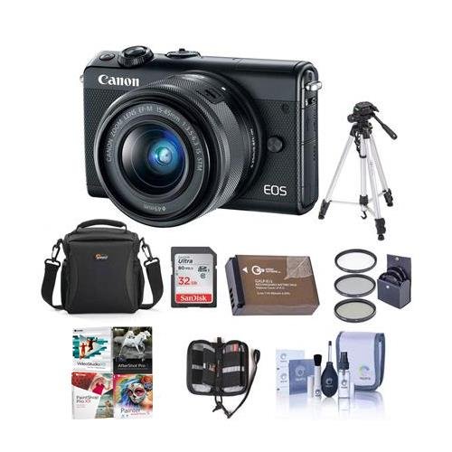 Canon-EOS-M100-Mirrorless-Camera-with-EF-M-15-45mm-f35-63-IS-STM-Lens-Black-Bundle-With-32GB-SDHC-Card-Camera-Case-49mm-Filter-kit-Spare-Battery-Tripod-Software-Package-And-More