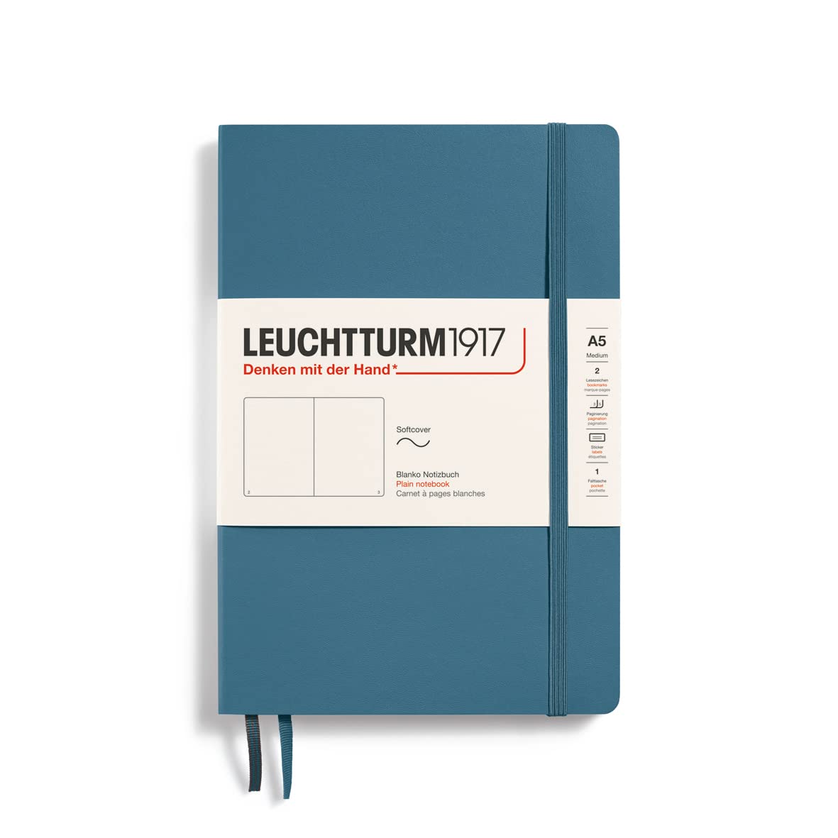 LEUCHTTURM1917 363398 Notebook Medium (A5), Softcover, 123 Numbered Pages, Stone Blue, Plain