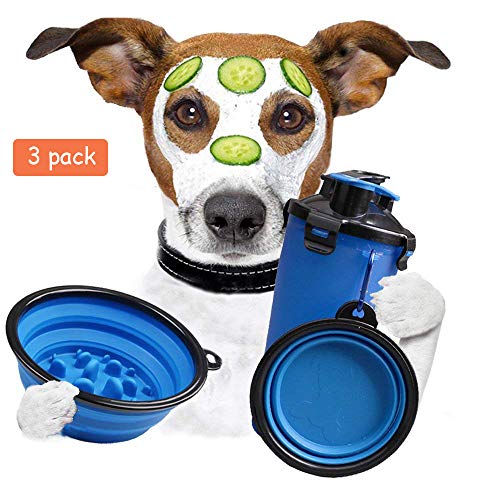 Collapsible Dog Bowl - Cat Dog Water Bottle For Walking Food Containers With 2 Pcs Water Bowls - Large Dog Bowl Travel Water Dispenser - 2 in 1 Portable Pet Drinking Cup With Slow Feeder Bowl