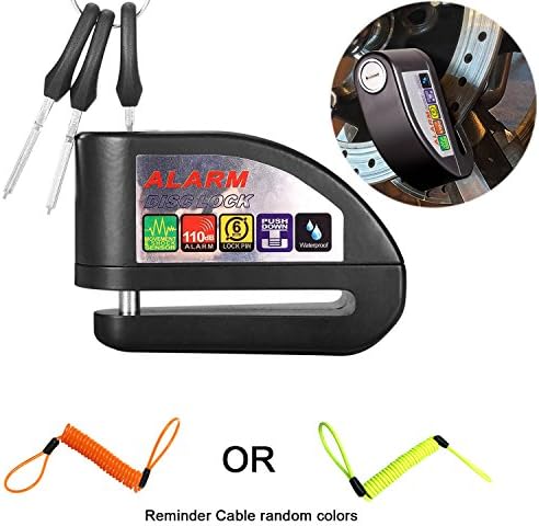 ILamourCar Disc Brake Lock,Alarm Disc Lock,Motorcycle Bike Anti-theft&amp;Waterproof Brake Disc Wheel Alarm Security Lock,110dB Alarm Sound and 6mm Pin with 1.3m Reminder Cable for Motorcycles - Black