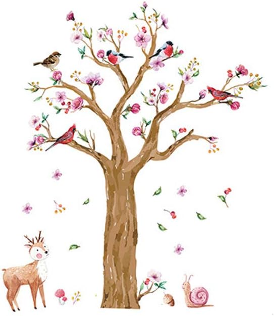 Cute Large Wall Sticker of Colorfull Tree with Deer and Snail for Home Decor, Pink