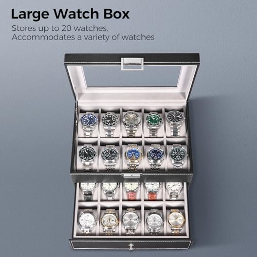 BEWISHOME Watch Case, 20-Slot Watch Box Organizer for Men Watch Case with Large Glass Lid Watch Travel Case Removable Watch Pillows, Mens Jewelry Box Watch Display Case, Watch Storage, Black SSH04B