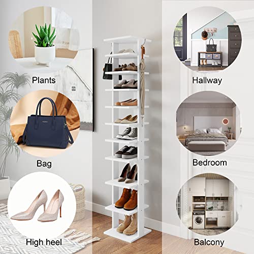 HOME BI 10 Tiers Vertical Shoe Rack, Tall Skinny Wooden Boot Shelf