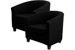 LEXFORT 2 Pieces Club Chair Slipcover Leaf Jacquard Stretch Armchair Tub Round Barrel Swivel Chair Covers with Cushion Cover Elastic Bottom Sofa Furniture Protector for Tullsta（Black, 2 Pack）