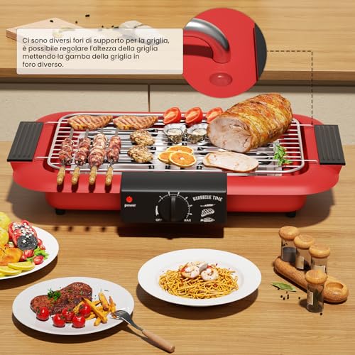 Electric BBQ Grill Non-stick Smokeless Indoor/Outdoor BBQ Grill Portable Removable High Power Double Tube 2000W BBQ Party Grill (Red D)