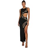 Caviotess Women’s Sparkly Snake Rhinestone Maxi Dress Sexy Cutout High Slit Bodycon Long Dress Cocktail Evening Gown