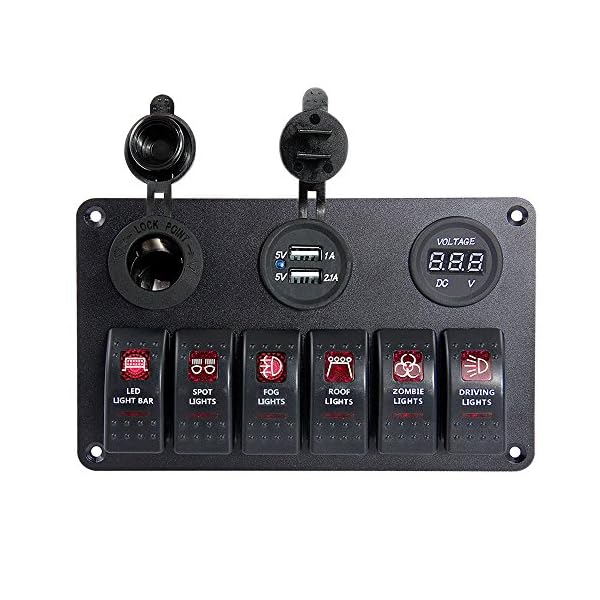 Proelectric-Red-LED-Light-1-Waterproof-MarineBoat-Car-Switch-Panel-6-Gang-USB-Charger-Voltage-Indicator-Power-Socket-5-pin-On-Off-Rocker-Switch