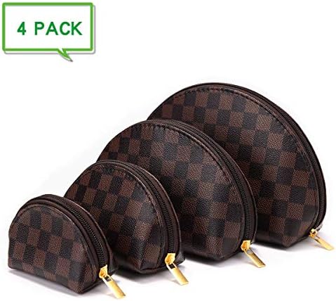 Luxury Checkered Make Up Bag Shell Shape Cosmetic Toiletry Travel Bags including 4 Size Bag (Brown)
