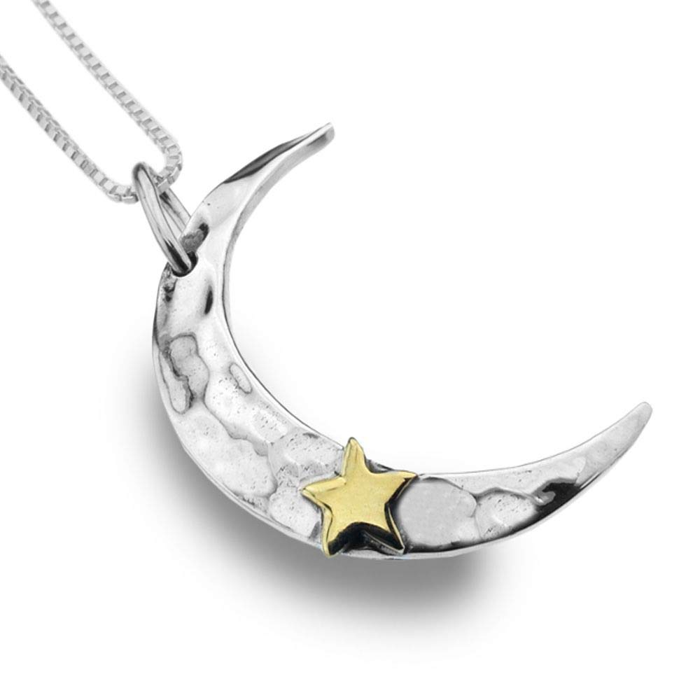 Sterling Silver Jewellery: Hammered Crescent Moon Pendant with Brass Star Detail (24mm Design) (N60)
