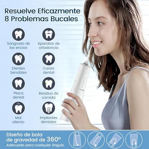 Irrigador oral portátil, irrigador dental profissional sem fio vimmk 8 bicos 5 modos, ipx7 à prova d'água 300ml usb-c recarregável para limpeza de dentes, para casa e viagens (branco)