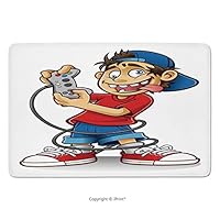 Bathroom Rug, Gamer, Cartoon Character With Backwards Hat And Crazy Eyes Playing Videogames Funny Doodle, Multicolor, Bath Mat,Non-Slip Entry Door Carpet Soft Machine-Washable Floor Rugs For Bathtub S