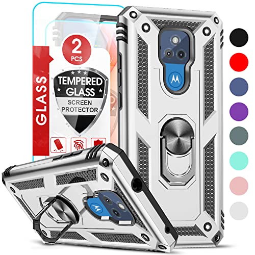 LeYi Compatible for Moto G Play 2021 Case, Motorola G Play 2021 Case with [2Pack] Tempered Glass Screen Protector, [Military-Grade] Protective Phone Cover with Kickstand for Moto G Play 2021, Silver